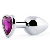 Серебристая анальная пробка с фиолетовым кристаллом-сердечком - 8 см. - Anal Jewelry Plug - купить с доставкой в Иваново