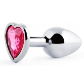 Серебристая анальная пробка с розовым кристаллом-сердечком - 7 см. - Anal Jewelry Plug - купить с доставкой в Иваново