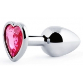 Серебристая анальная пробка с малиновым кристаллом-сердечком - 7 см. - Anal Jewelry Plug - купить с доставкой в Иваново