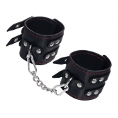 Черные кожаные наручники с двумя ремнями и контрастной строчкой - Pecado - купить с доставкой в Иваново