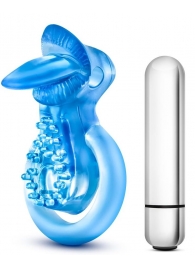 Голубое эрекционное виброкольцо 10 Function Vibrating Tongue Ring - Blush Novelties - в Иваново купить с доставкой