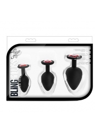 Набор черных анальных пробок с красным кристаллом-сердечком Bling Plugs Training Kit - Blush Novelties - купить с доставкой в Иваново