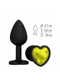 Черная силиконовая пробка с желтым кристаллом-сердцем - 8,5 см. - Джага-Джага - купить с доставкой #SOTBIT_REGIONS_UF_V_REGION_NAME#