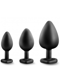 Набор из 3 черных пробок с прозрачным кристаллом-сердечком Bling Plugs Training Kit - Blush Novelties - купить с доставкой в Иваново