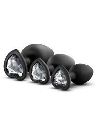 Набор из 3 черных пробок с прозрачным кристаллом-сердечком Bling Plugs Training Kit - Blush Novelties - купить с доставкой в Иваново
