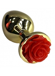 Золотистая анальная пробка с ограничителем в форме красной розы - 9 см. - Kanikule