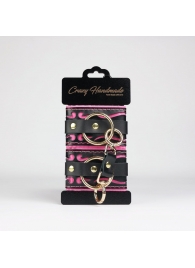 Черные кожаные наручники с розовой строчкой - Crazy Handmade - купить с доставкой в Иваново