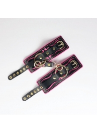 Черные кожаные наручники с розовой строчкой - Crazy Handmade - купить с доставкой в Иваново