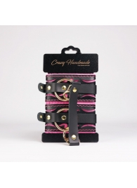 Черные кожаные оковы с розовой строчкой - Crazy Handmade - купить с доставкой в Иваново