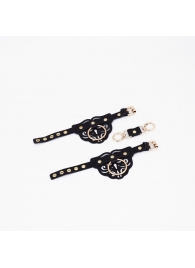 Черные кожаные наручники с клепками, кольцами и золотистой фурнитурой - Crazy Handmade - купить с доставкой в Иваново