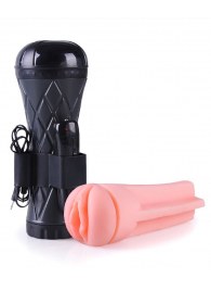 Телесный мастурбатор-вагина в черной колбе с вибрацией - Boys of Toys - в Иваново купить с доставкой