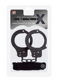 Чёрные наручники из листового металла в комплекте с веревкой BONDX METAL CUFFS LOVE ROPE SET - Dream Toys - купить с доставкой в Иваново