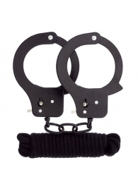 Чёрные наручники из листового металла в комплекте с веревкой BONDX METAL CUFFS LOVE ROPE SET - Dream Toys - купить с доставкой в Иваново