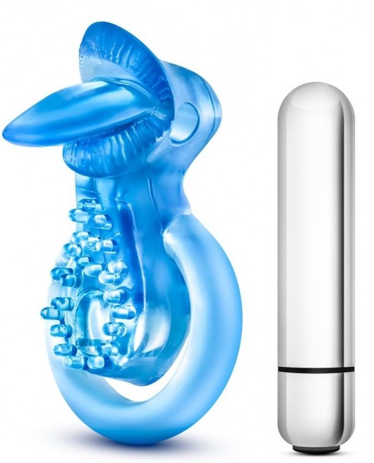 Голубое эрекционное виброкольцо 10 Function Vibrating Tongue Ring - Blush Novelties - в Иваново купить с доставкой