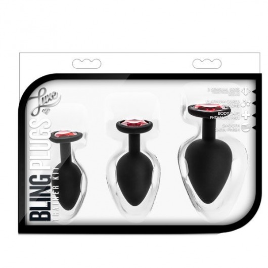 Набор черных анальных пробок с красным кристаллом-сердечком Bling Plugs Training Kit - Blush Novelties - купить с доставкой в Иваново