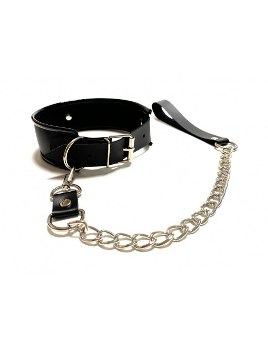 Черный ошейник с поводком из эко-кожи - БДСМ Арсенал - купить с доставкой в Иваново