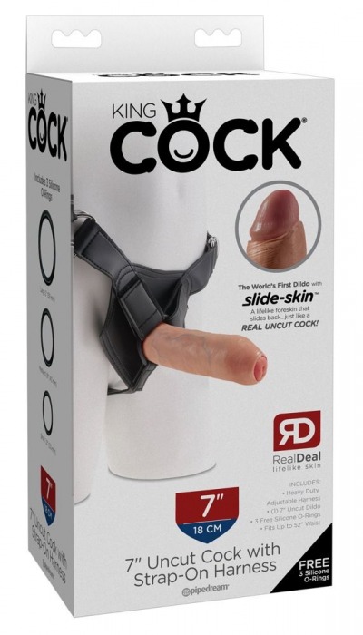 Страпон с телесной насадкой 7  Uncut with Strap on Harness - 18 см. - Pipedream - купить с доставкой в Иваново