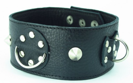 Чёрный кожаный ошейник с кольцами и клёпками - БДСМ Арсенал - купить с доставкой в Иваново