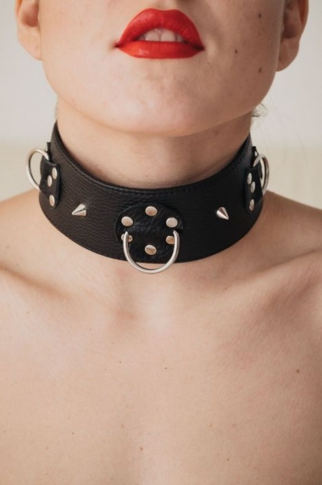 Чёрный кожаный ошейник с кольцами и клёпками - БДСМ Арсенал - купить с доставкой в Иваново