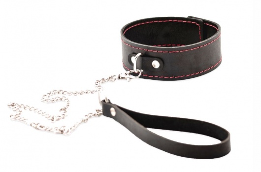 Черный широкий ошейник с красной строчкой и поводком - Crazy Handmade - купить с доставкой в Иваново
