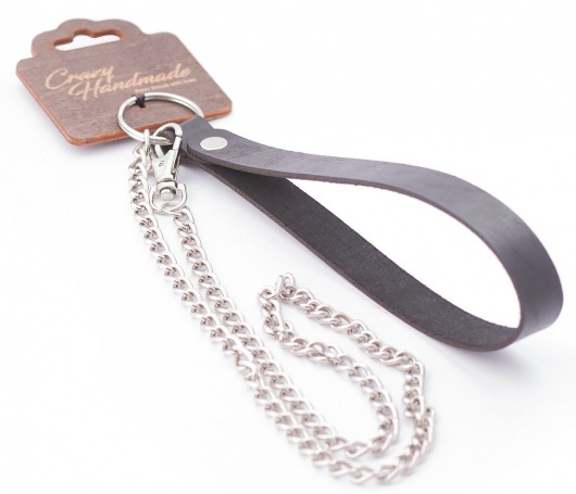 Серебристый металлический поводок с кожаной черной ручкой - 80 см. - Crazy Handmade - купить с доставкой в Иваново