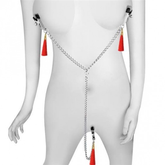 Зажимы на соски и клитор с игривыми красными кисточками Nipple Clit Tassel Clamp With Chain - Lovetoy - купить с доставкой в Иваново
