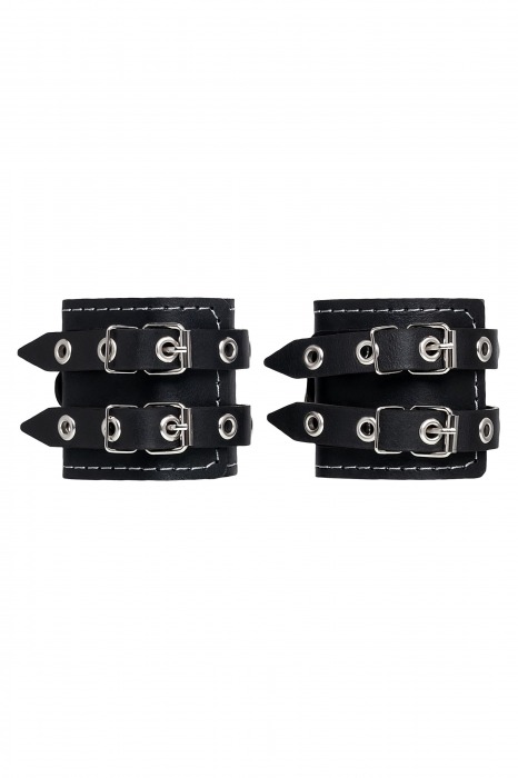Черные кожаные наручники с двумя ремнями и красной подкладкой - Pecado - купить с доставкой в Иваново