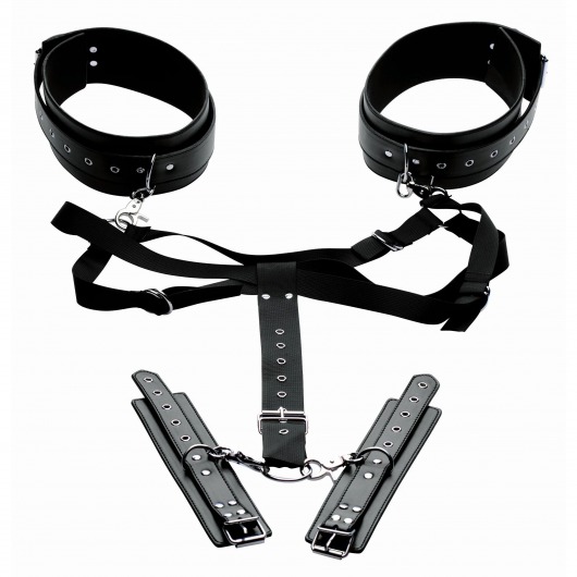 Черная бондажная система Acquire Easy Access Thigh Harness with Wrist Cuffs - XR Brands - купить с доставкой в Иваново
