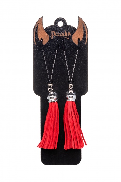 Зажимы на соски «Вилки» с красными кисточками из замши - Pecado - купить с доставкой в Иваново
