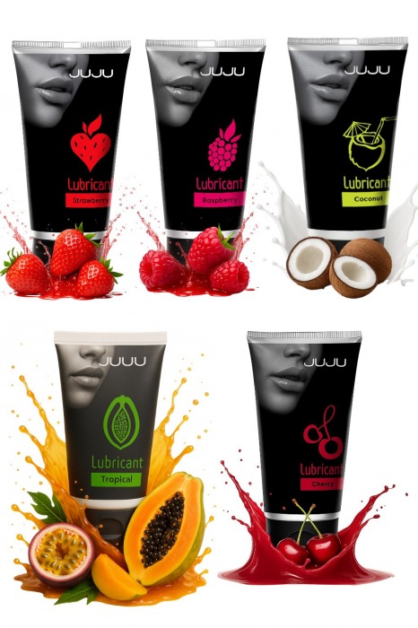 Набор из 5 съедобных лубрикантов JUJU (клубника, малина, тропические фрукты, вишня, кокос) - JuJu - купить с доставкой в Иваново