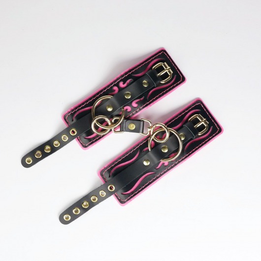 Черные кожаные наручники с розовой строчкой - Crazy Handmade - купить с доставкой в Иваново
