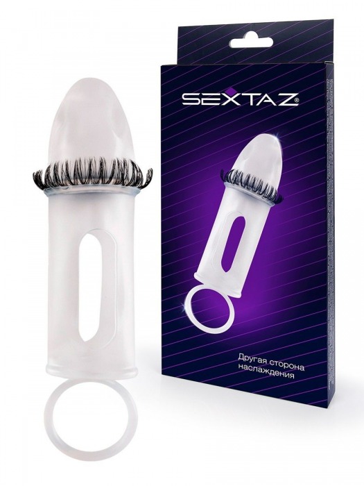 Закрытая насадка на пенис с подхватом мошонки и стимулирующими «ресничками» - Sextaz - в Иваново купить с доставкой