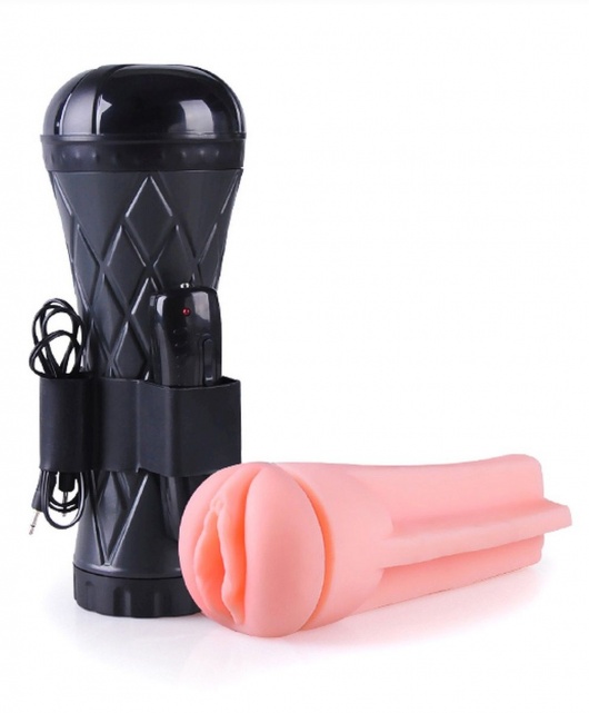 Телесный мастурбатор-вагина в черной колбе с вибрацией - Boys of Toys - в Иваново купить с доставкой