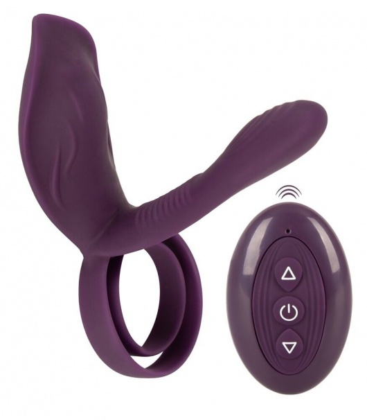 Фиолетовая насадка на член с клиторальным отростком и пультом ДУ RC Couple’s Vibrator 2 - Orion - в Иваново купить с доставкой