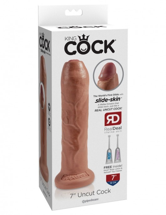 Кофейный необрезанный фаллоимитатор на присоске 7  Uncut Cock - 19,1 см. - Pipedream